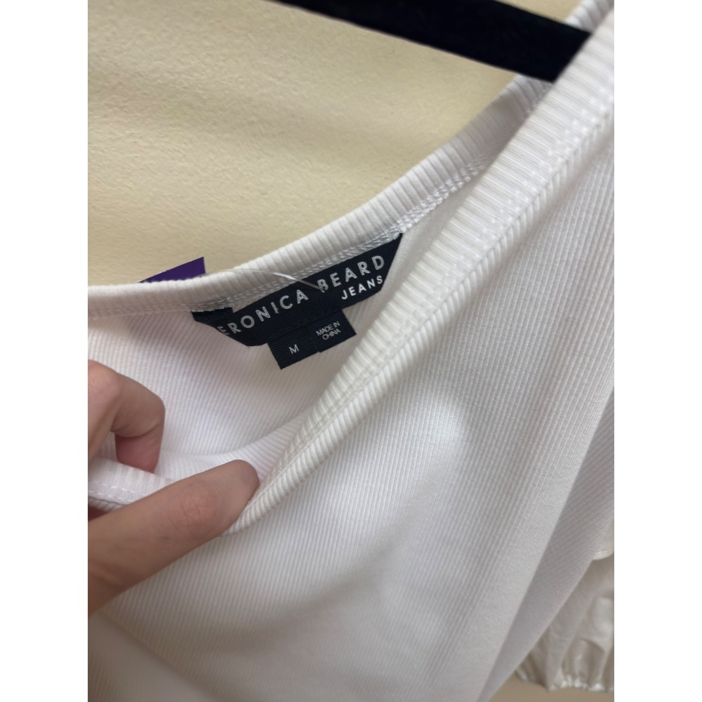 Veronica Beard Diantha One-Sleeve Ruffled Poplin Ribbed Cotton Jersey Top White - Picture 4 of 4